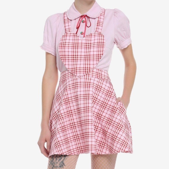 Hot Topic Dresses & Skirts - Pink & Red Plaid Heart Skirtalls Hot Topic Barbiecore‎ Cosplay Halloween